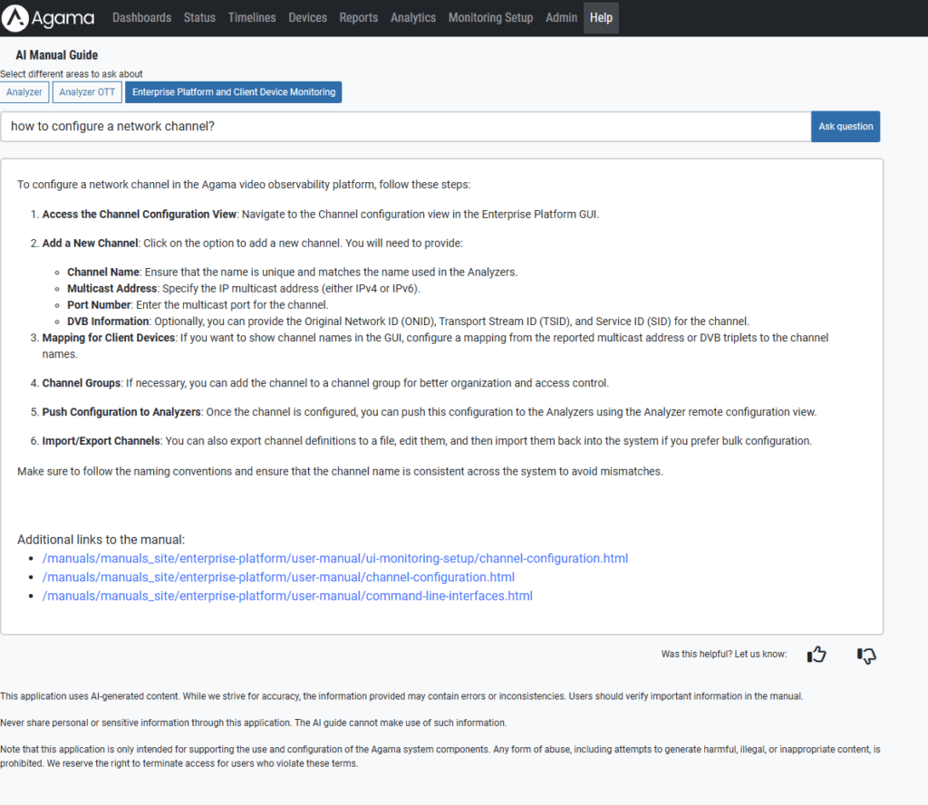 Screenshot from Agama platform: AI Augmentation - chat with the manual 